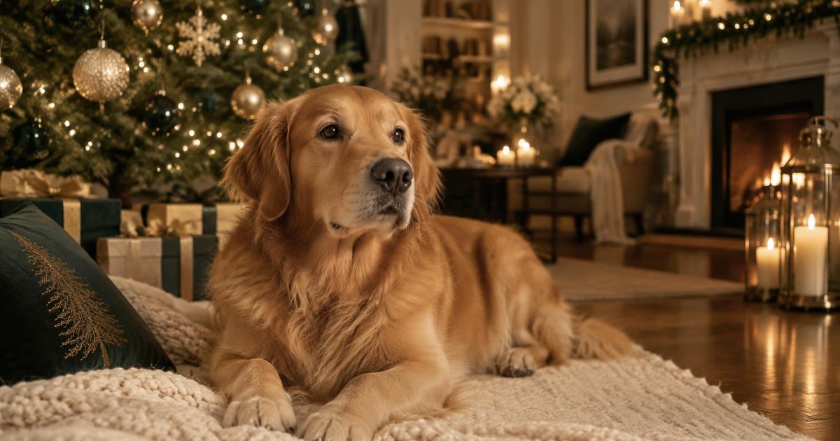 Golden retriever beside the Christmas tree in a cozy living room