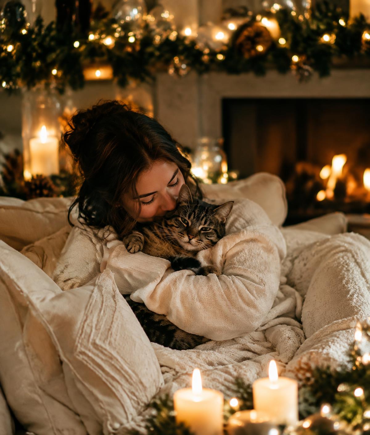 A woman hugging her cat by the fireplace