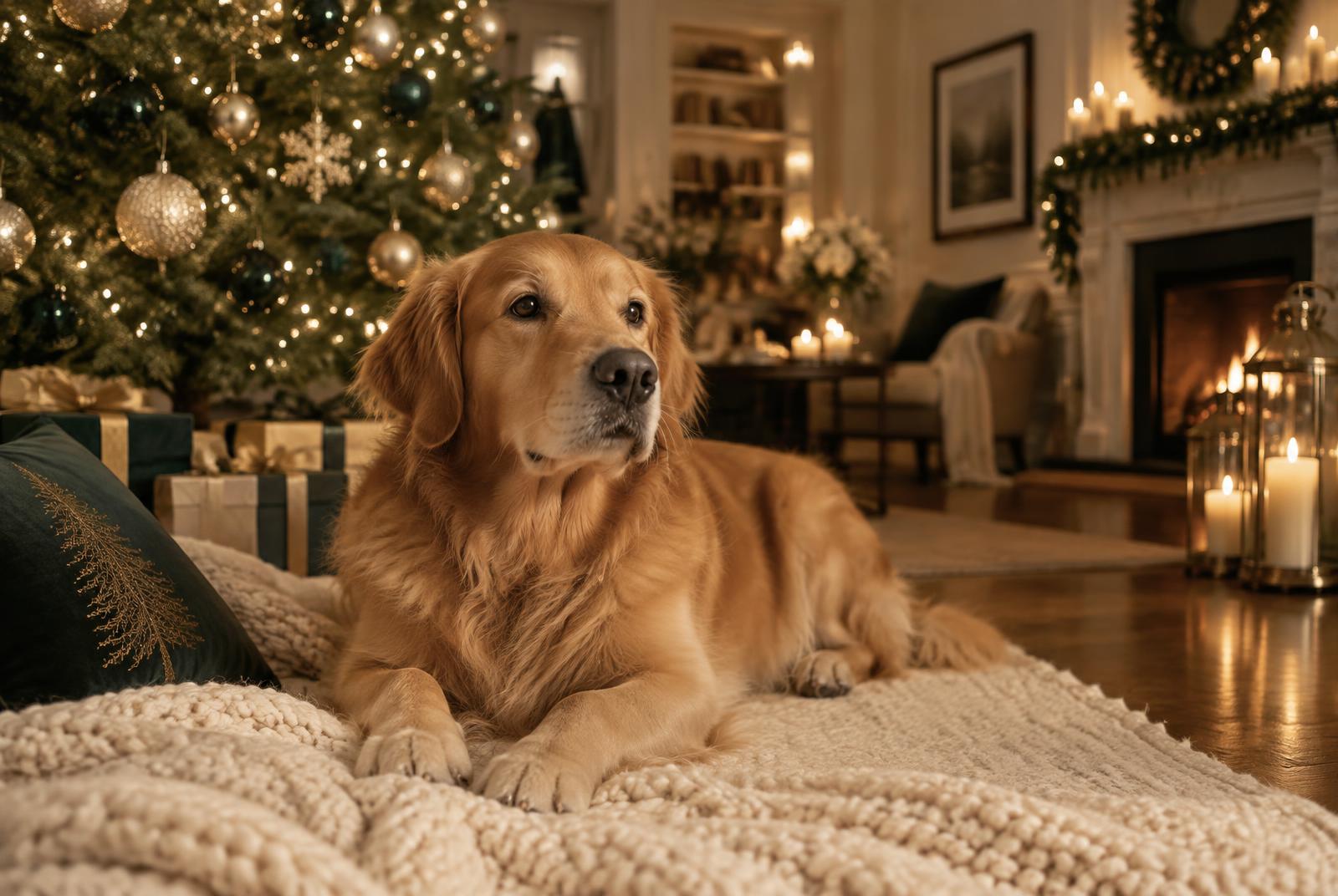 Golden retriever resting beside a Christmas tree