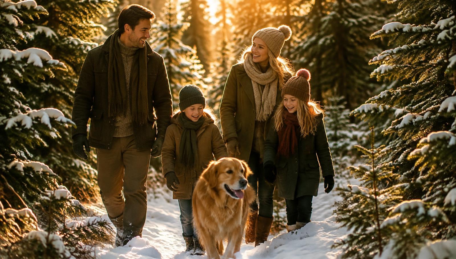 Family walking with their dog in a snowy forest